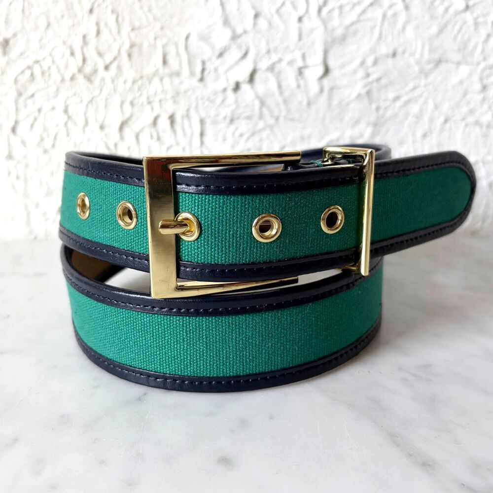 Talbots Belt Green Canvas Navy Leather Trim Gold Tone Buckle Women's L Preppy